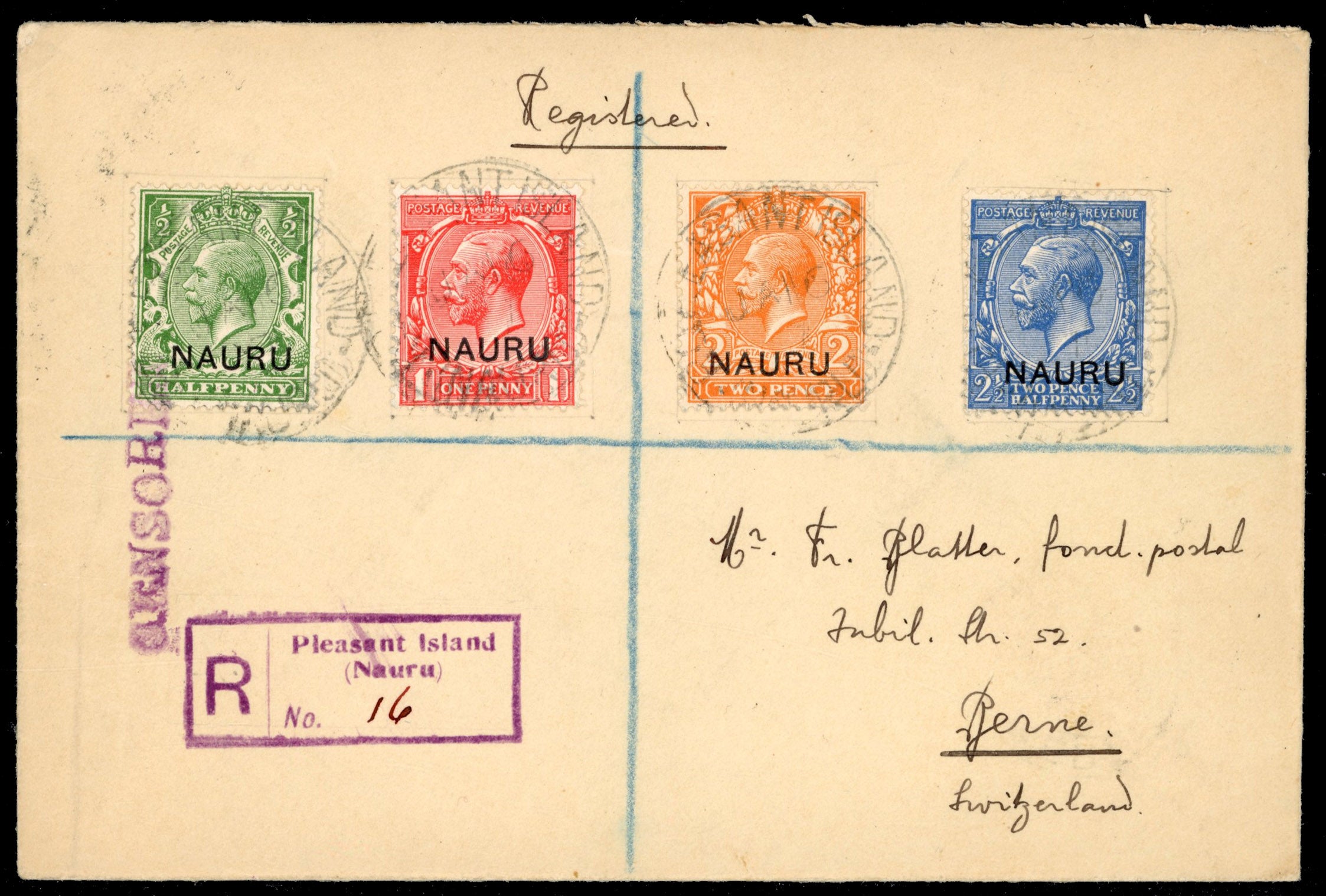 Nauru SG 1/12 ex 3 1917 trio of registered covers from Pleasant Island to Switzerland