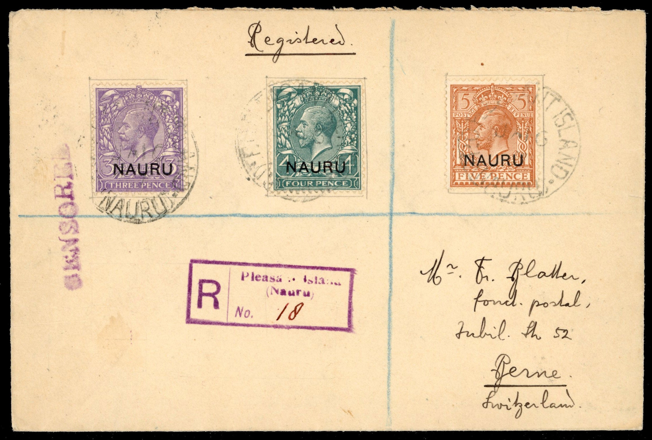 Nauru SG 1/12 ex 3 1917 trio of registered covers from Pleasant Island to Switzerland
