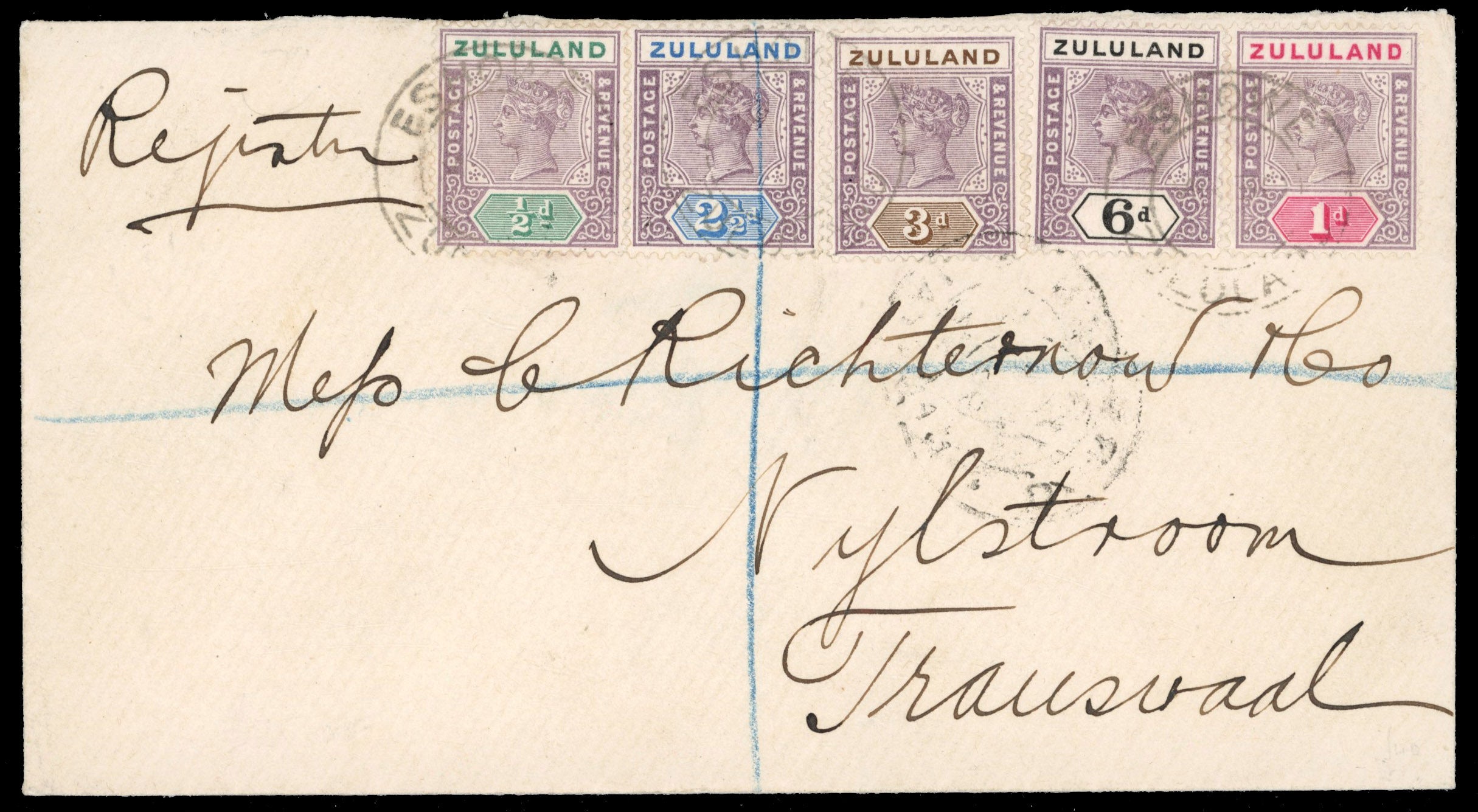 Zululand SG 20/24 1897 registered cover from Eshowe to Transvaal