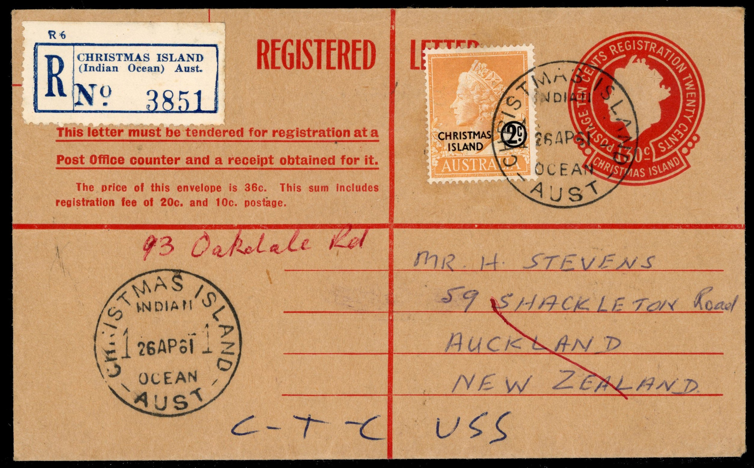 Christmas Island SG 1 Cover 1961 30c red registered postal stationery envelope used to New Zealand