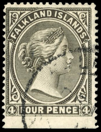Falkland Islands SG 12w Used 1889-91 4d olive grey-black variety watermark inverted