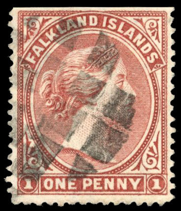 Falkland Islands SG 8y Used 1885-91 1d brownish claret watermark CA sideways to right and reversed with First Bisect cancel