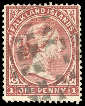Falkland Islands SG 7x Used 1885-91 1d pale claret watermark CA sideways to left and reversed with Middle Pins cancel