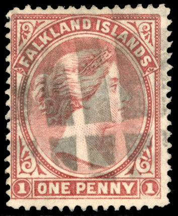 Falkland Islands SG 7w Used 1885-91 1d pale claret watermark CA sideways to right with Large Football cancel