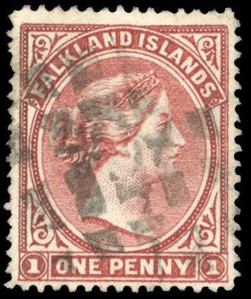 Falkland Islands SG 7y Used 1885-91 1d pale claret watermark CA sideways to right and reversed with cork cancel