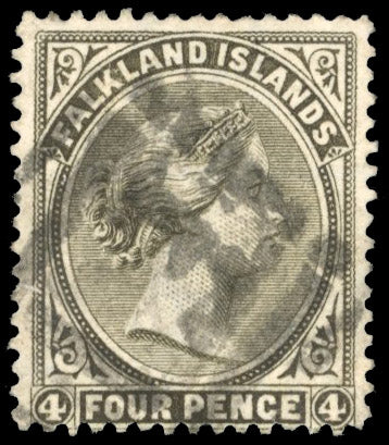 Falkland Islands SG 9x Used 1885-91 4d pale grey-black watermark CA sideways to left and reversed with First Cork F.I. cork cancel