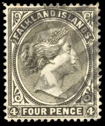 Falkland Islands SG 9y Used 1885-91 4d pale grey-black watermark CA sideways to right and reversed with Early Football cork cancel