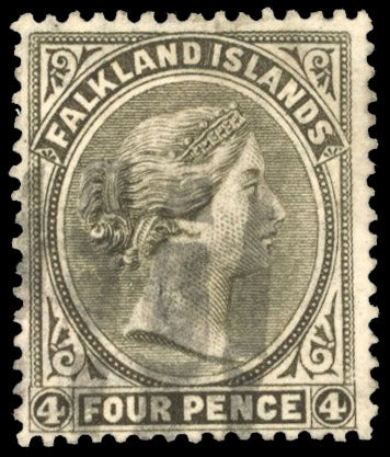 Falkland Islands SG 10y Used 1885-91 4d grey-black watermark CA sideways to right and reversed with cork cancel