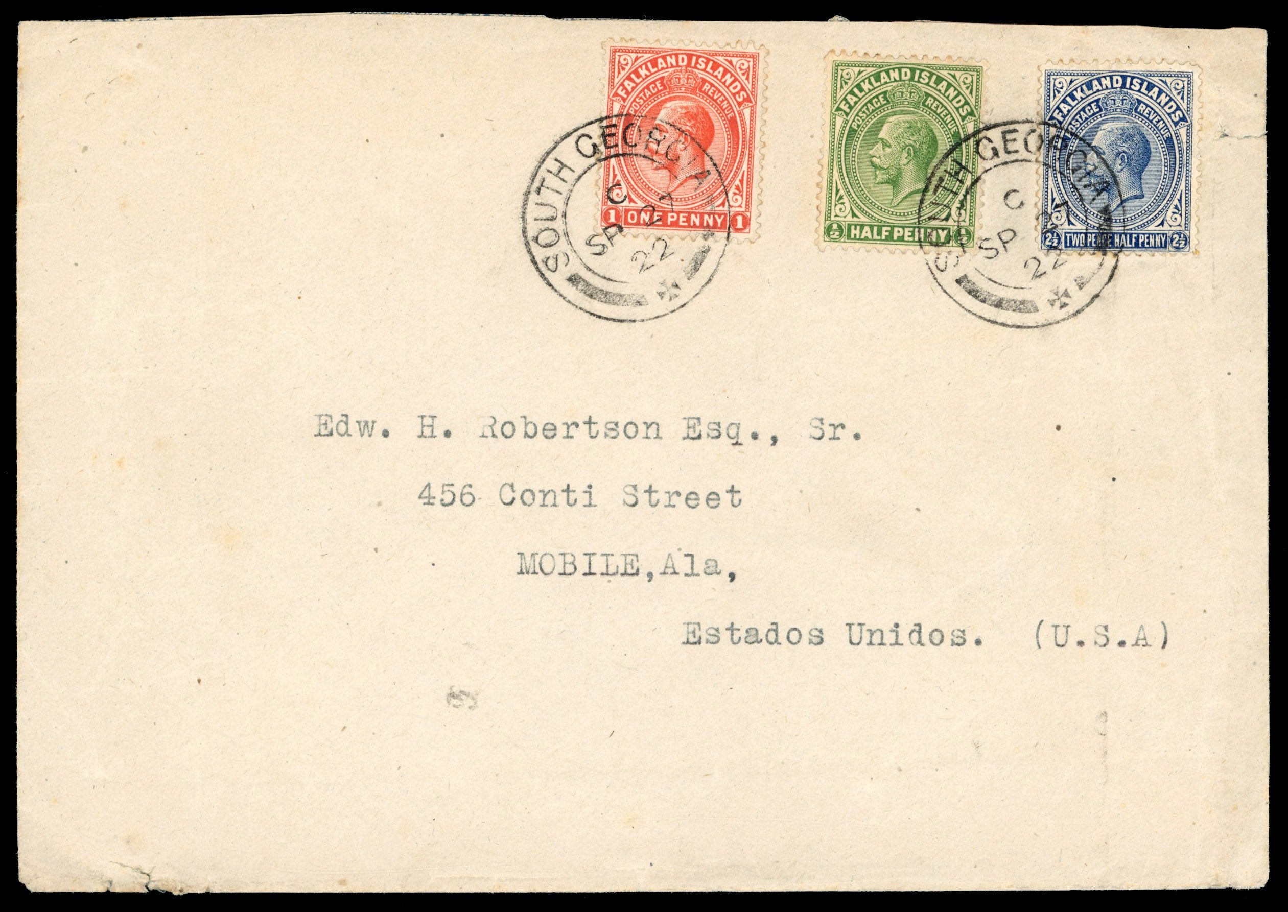 Falkland Islands Dependencies SG Z23, Z25, Z35 1922 cover from South Georgia to USA