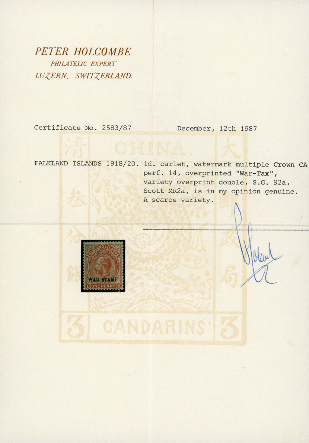 Falkland Islands SG 71ca Mint 1918-20 War Stamp 1d orange-vermilion error overprint double