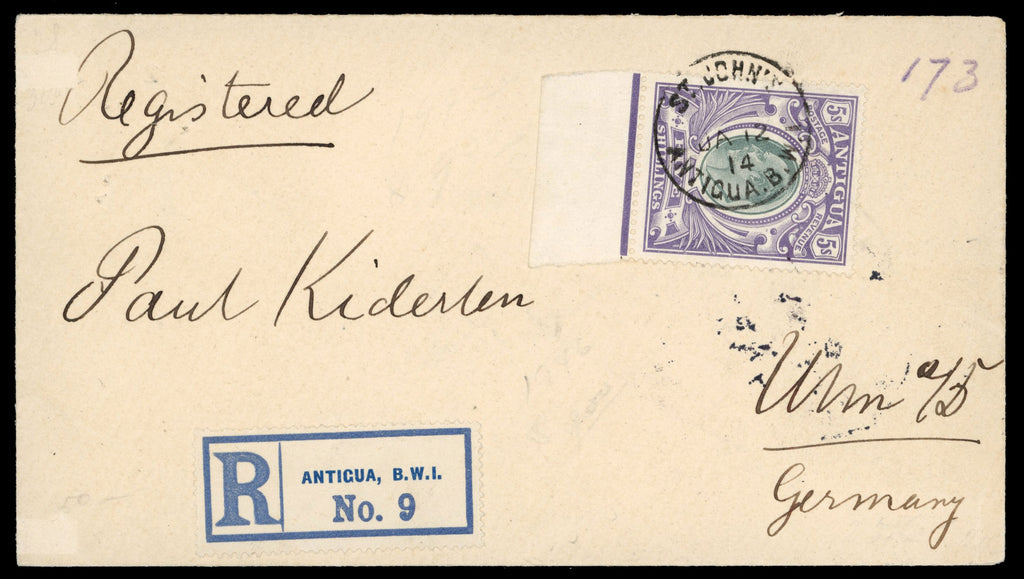 Antigua SG 40b 1914 registered cover to Germany with KEVII 5s