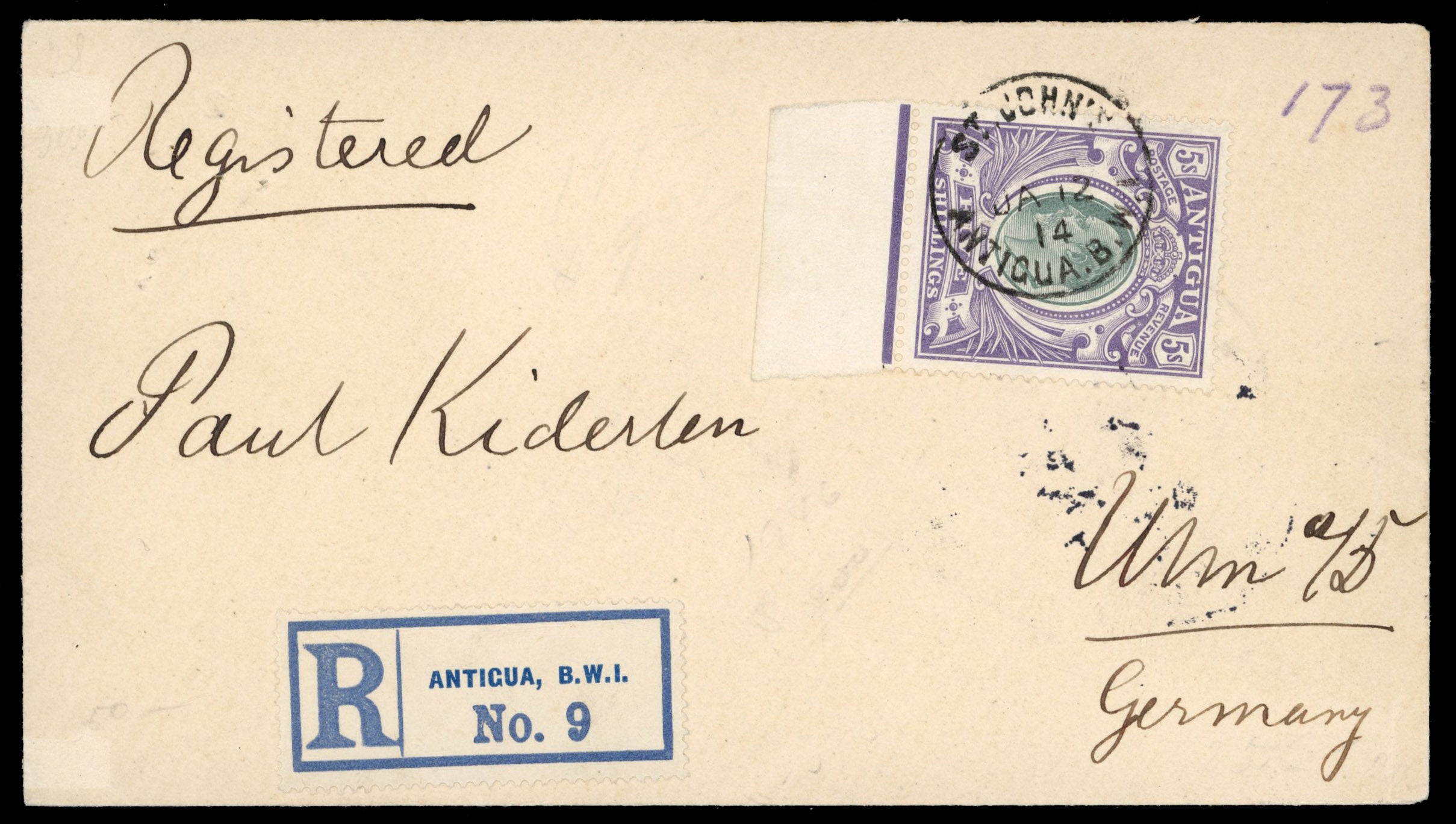 Antigua SG 40b 1914 registered cover to Germany with KEVII 5s