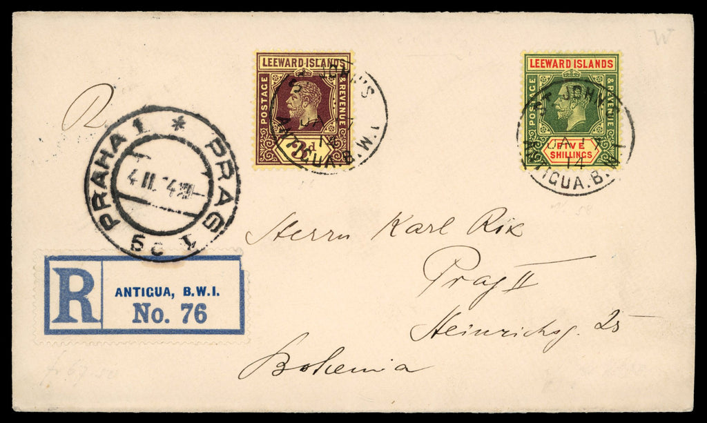 Leeward Islands SG 51a, 57a 1914 registered cover from Antigua to Prague with 1912-22 3d and 5s with white backs