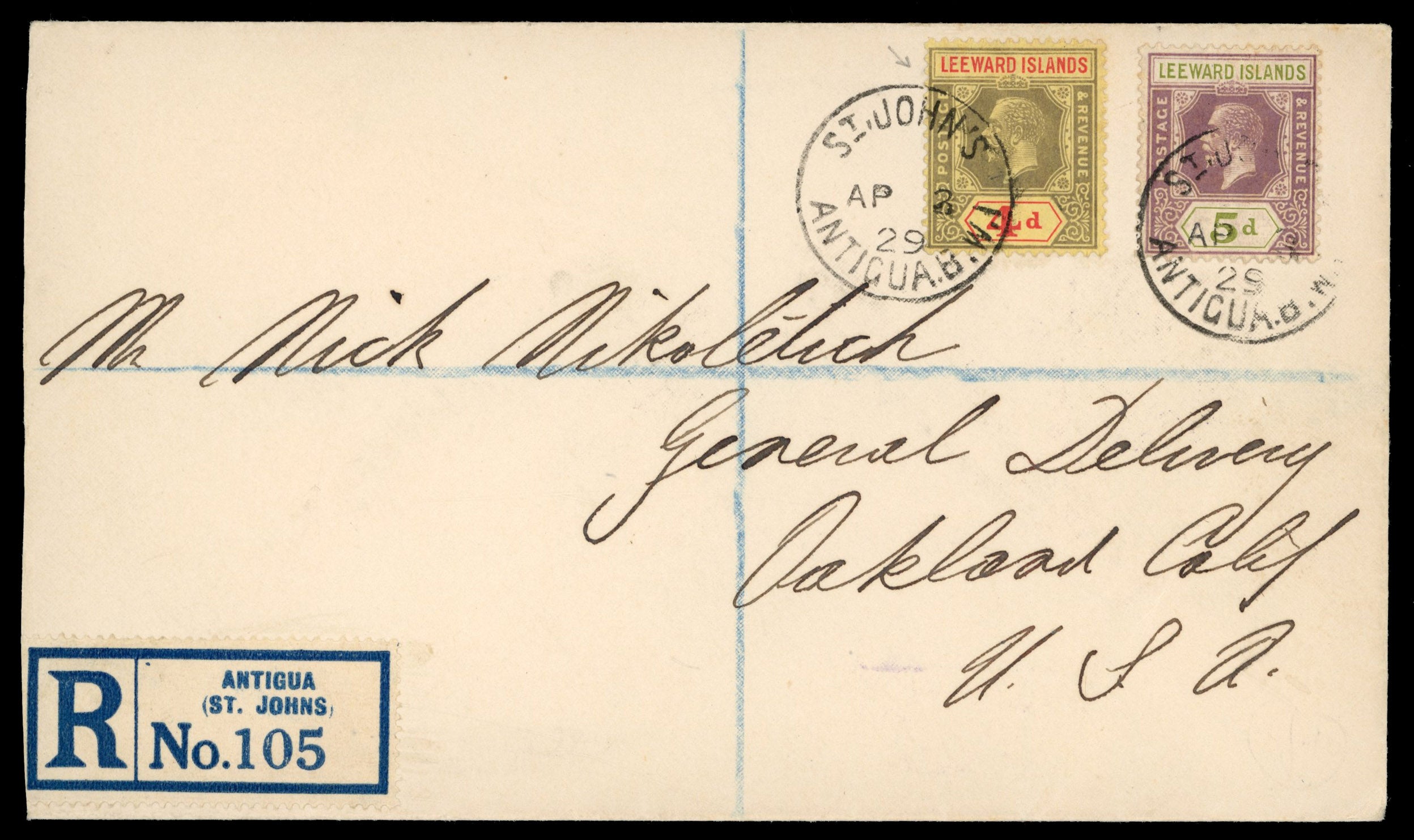 Leeward Islands SG 70, 71 1929 registered cover from Antigua to USA with 1921-32 4d, 5d