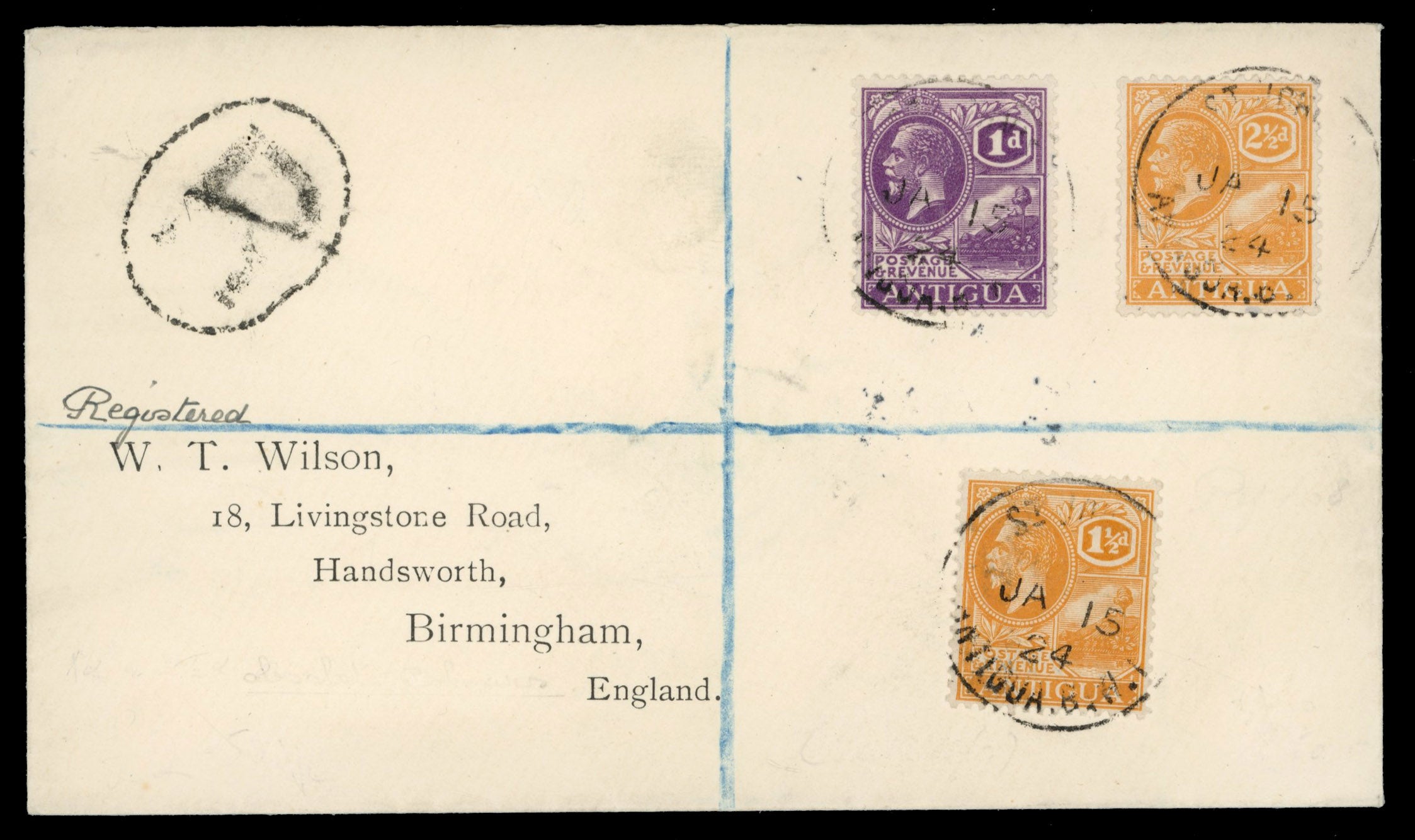 Antigua SG 64, 67, 72 1924 registered cover to Birmingham with 1921-29 1d bright violet, 1½d dull orange, 2½d orange-yellow