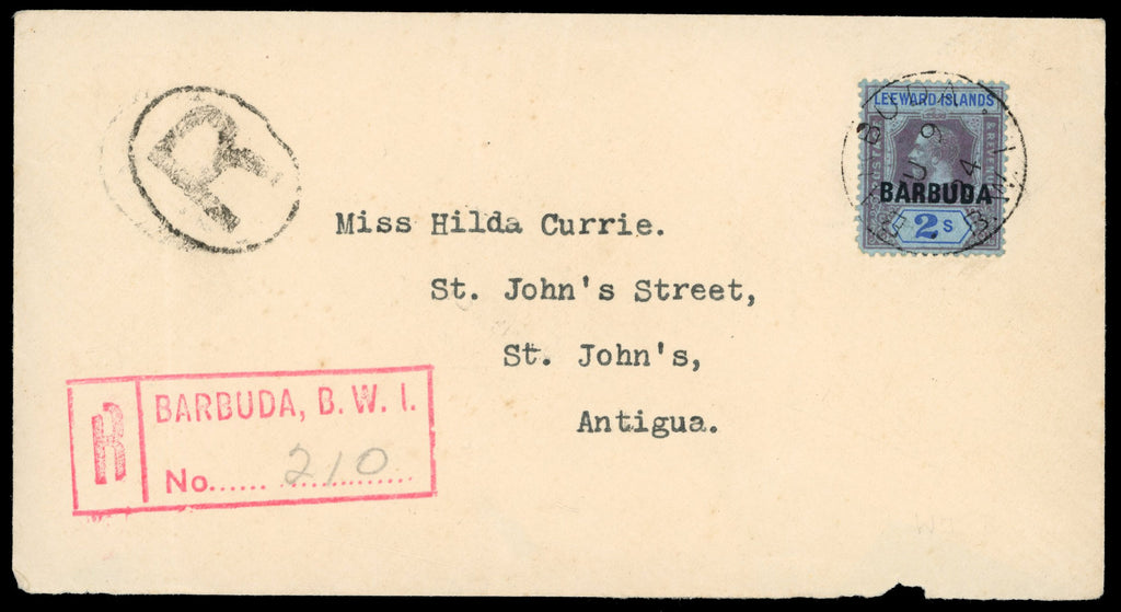 Barbuda SG 6 1923 registered cover to Antigua with 1922 2s purple and blue