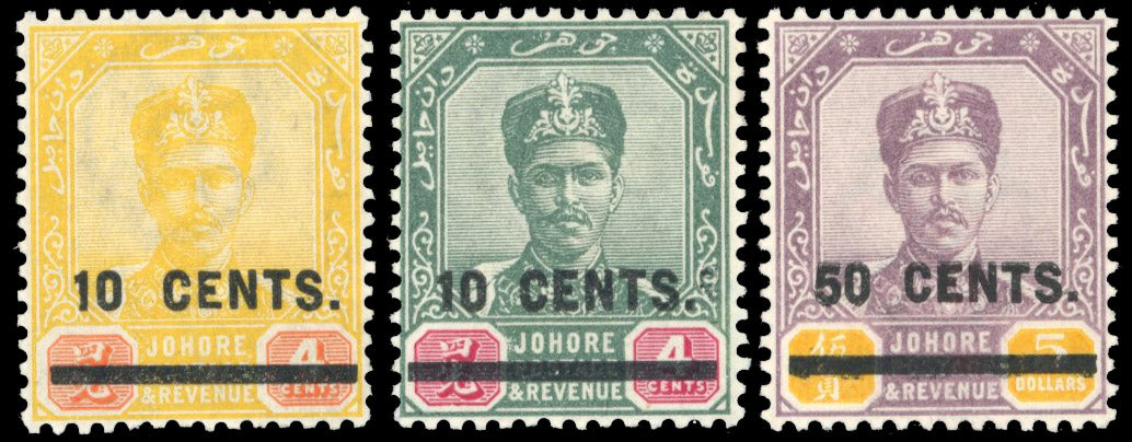 Malaya Johore SG 58/60 Mint 1904 surcharge set of 3 to 50c on $5