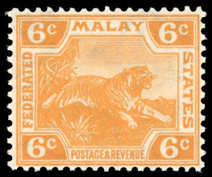 Malaya Federated Malay States SG 63w Mint 1922-34 6c orange leaping tiger variety watermark crown to right of CA