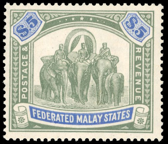 Malaya Federated Malay States SG 80 Mint 1922-34 $5 green and blue elephants