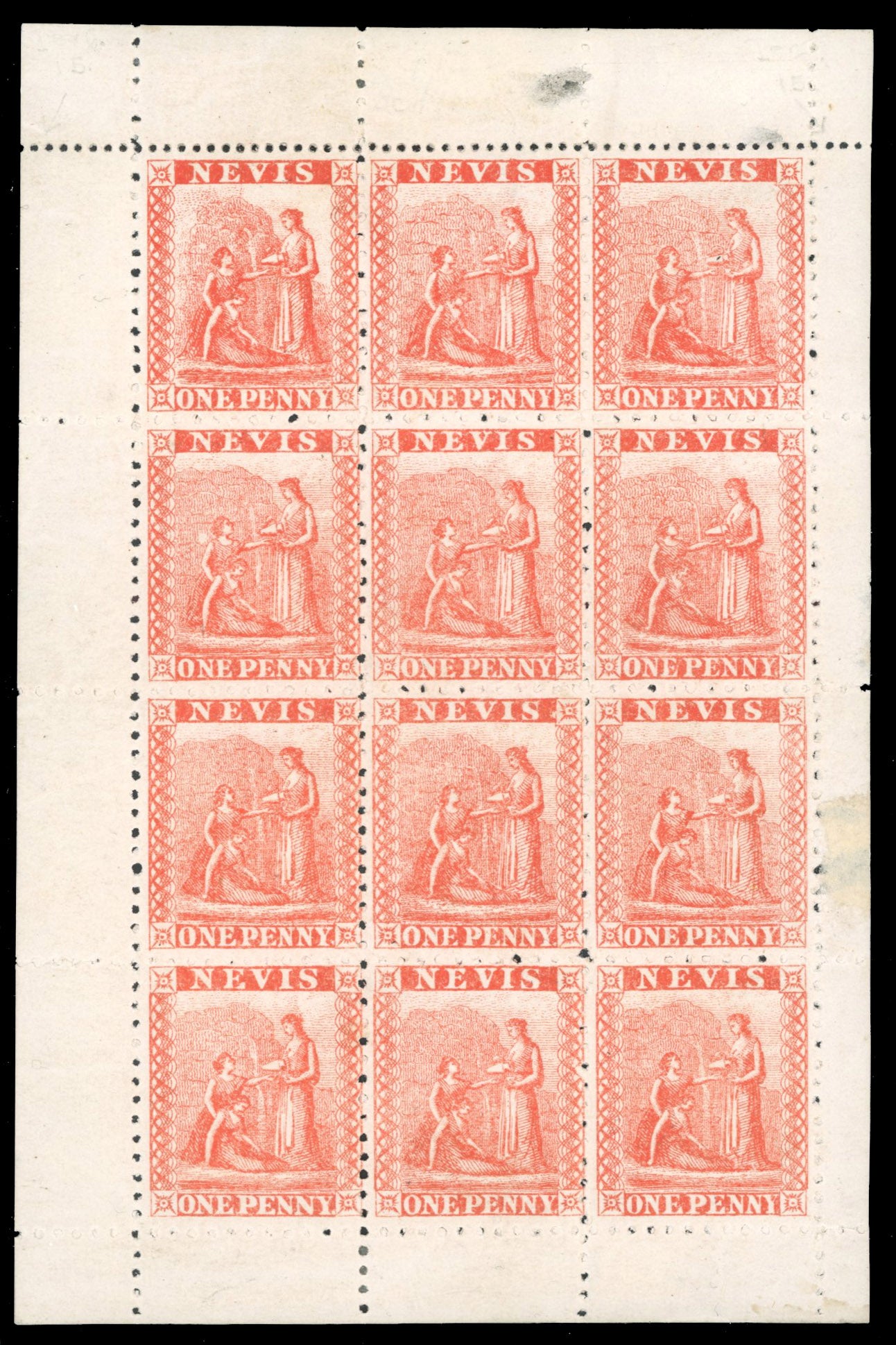 Nevis SG 22d Mint 1871-78 1d vermilion-red variety perf compound of 11½ and 15