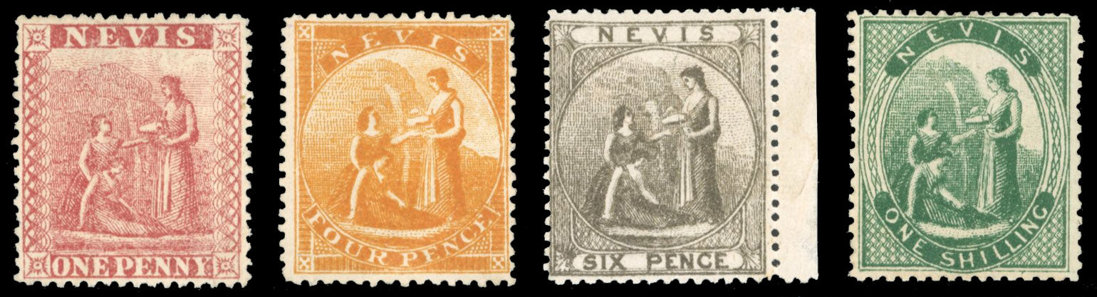 Nevis SG 15/21 btwn Mint 1871-78 1d, 4d, 6d, 1s litho printing perf 15 set of 4