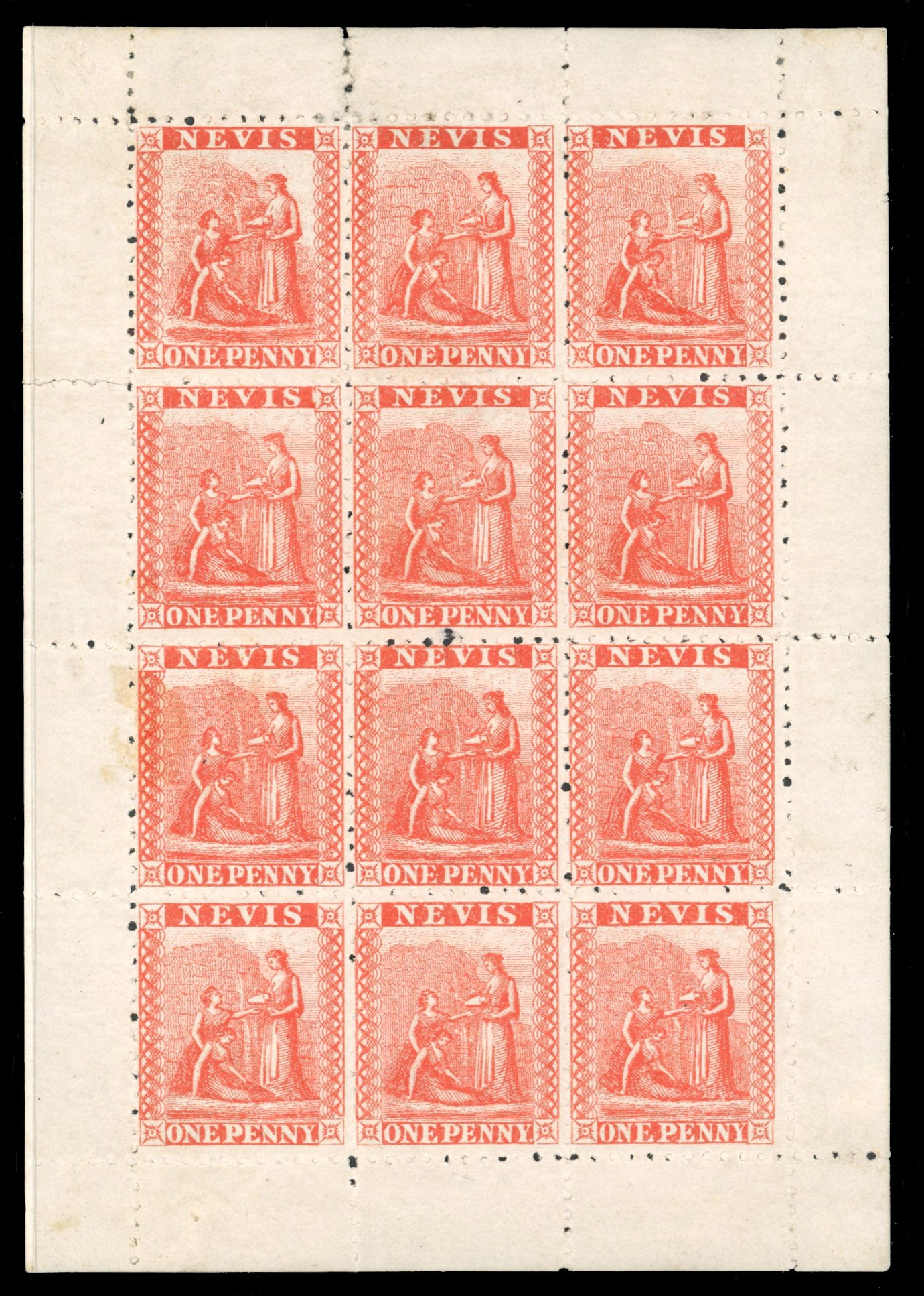 Nevis SG 22 Mint 1871-78 1d vermilion-red litho printing perf 15 complete sheet