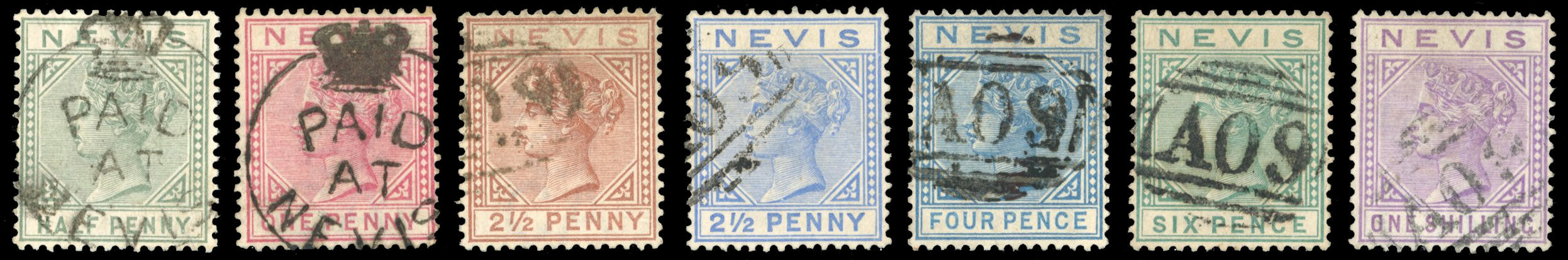 Nevis SG 25/34 btwn Used 1882-90 ½d to 1s watermark crown CA part set