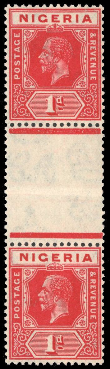 Nigeria SG 16c Mint 1921-32 1d rose-carmine Die I+II vertical interpane gutter pair