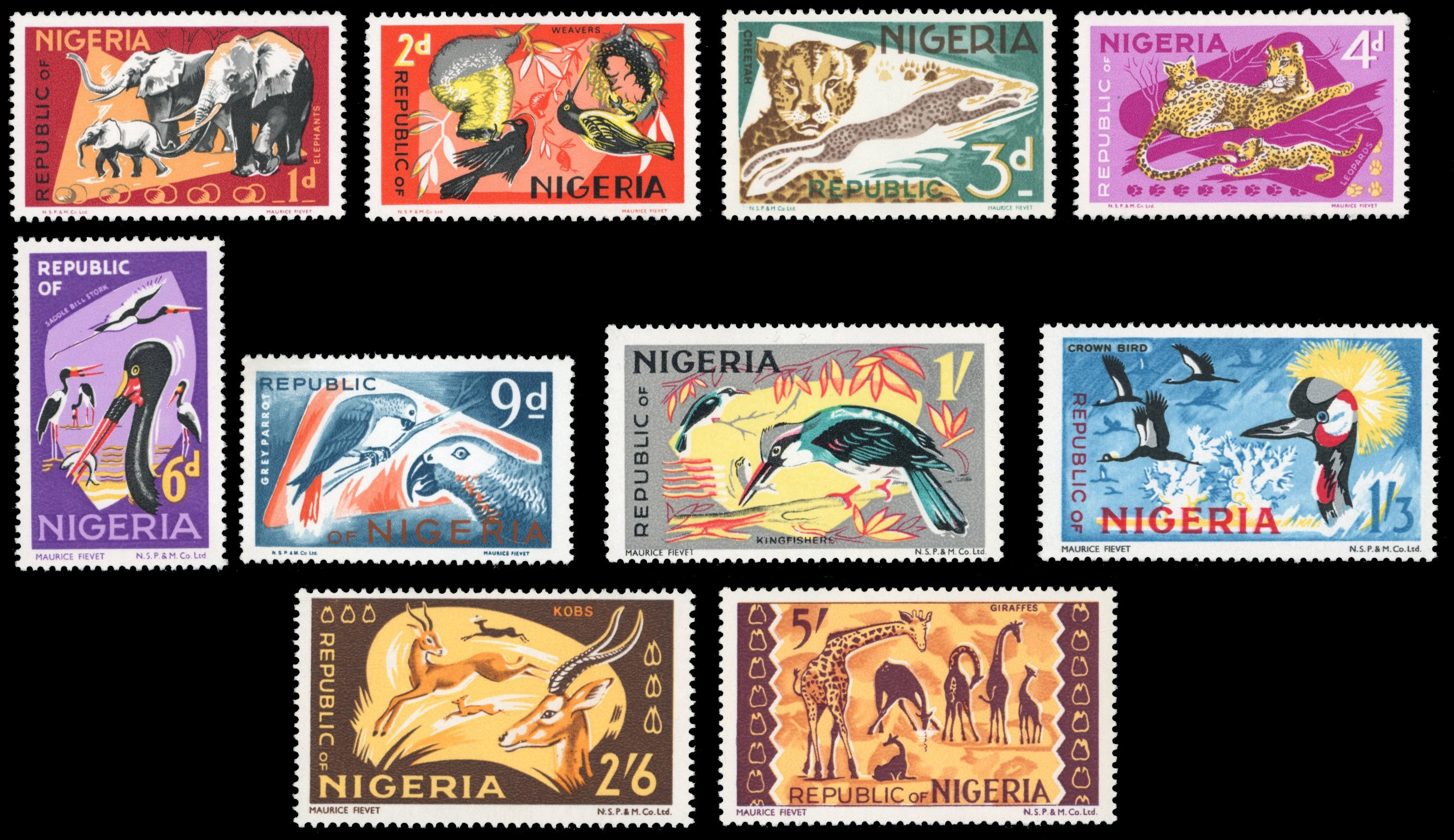 Nigeria SG 220/230 Unmounted Mint 1969-72 Wildlife set of 10 to 5s with printer's imprint