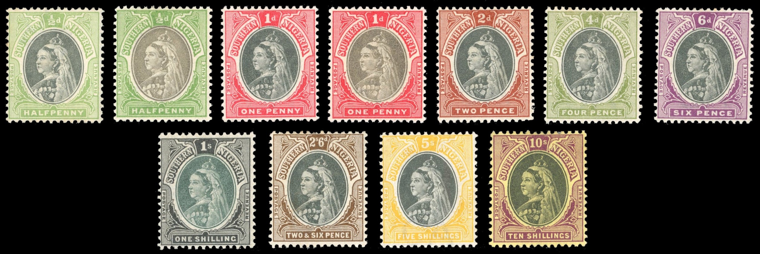 Southern Nigeria SG 1/9 Mint 1901-02 set of 9 to 10s plus ½d and 1d shades