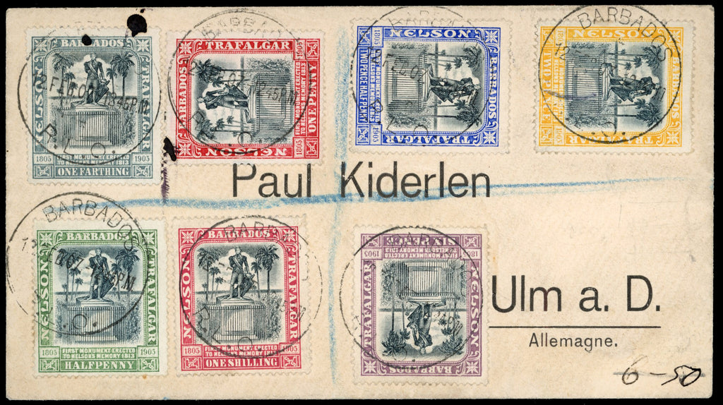 Barbados SG 145/51 1907 registered cover to Germany with 1906 Nelson Centenary set