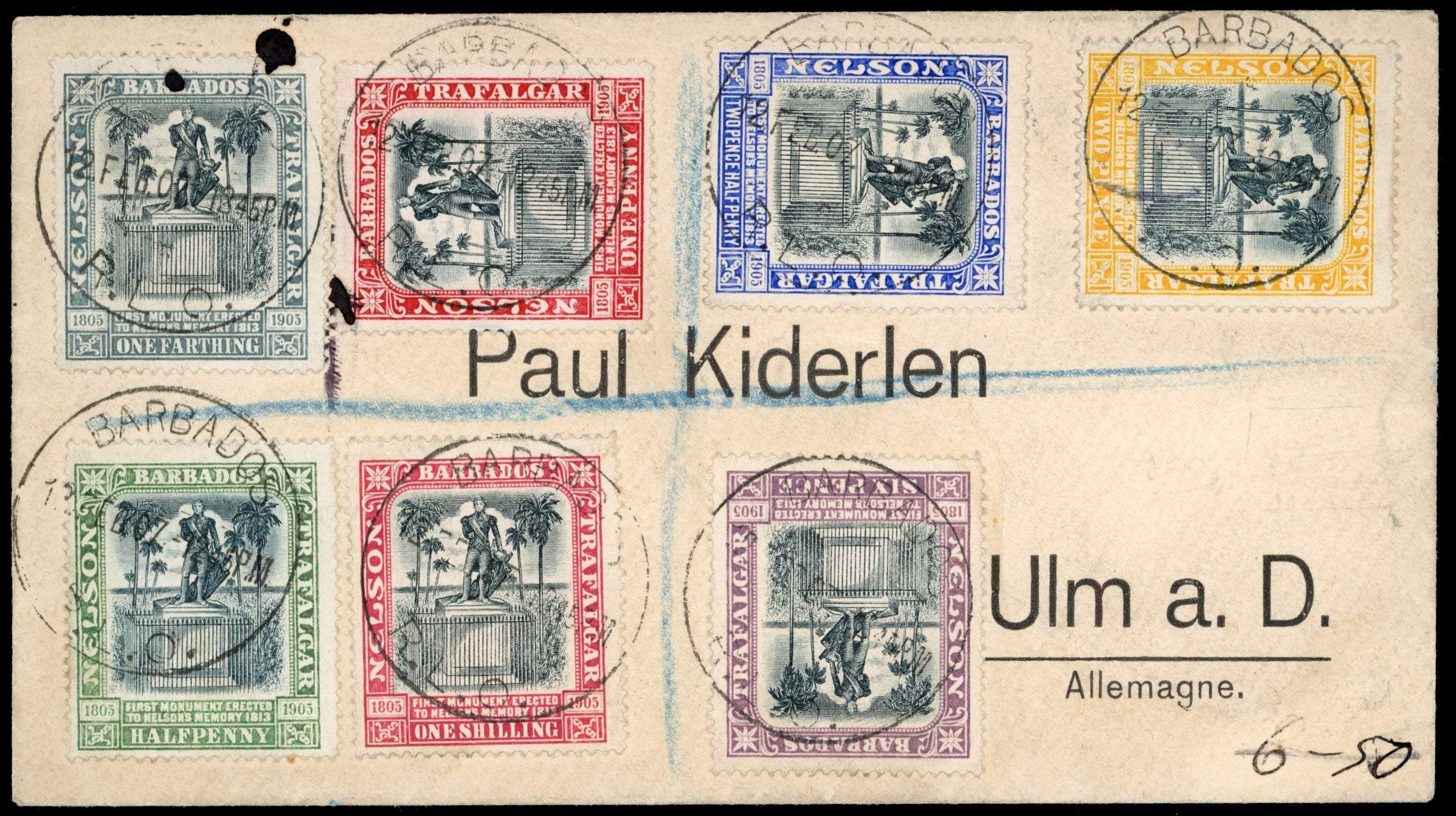 Barbados SG 145/51 1907 registered cover to Germany with 1906 Nelson Centenary set