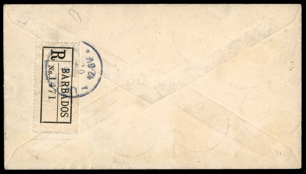 Barbados SG 145/51 1907 registered cover to Germany with 1906 Nelson Centenary set