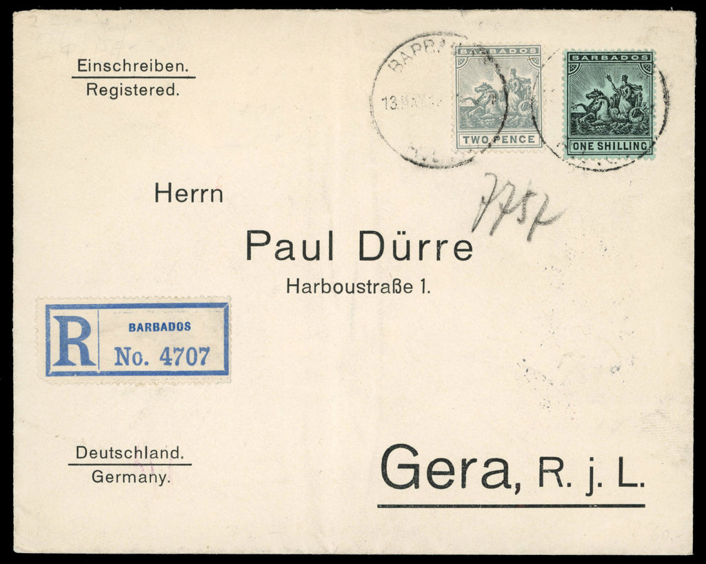 Barbados SG 166, 169 1912 registered cover to Germany with 1909-12 2d, 1s