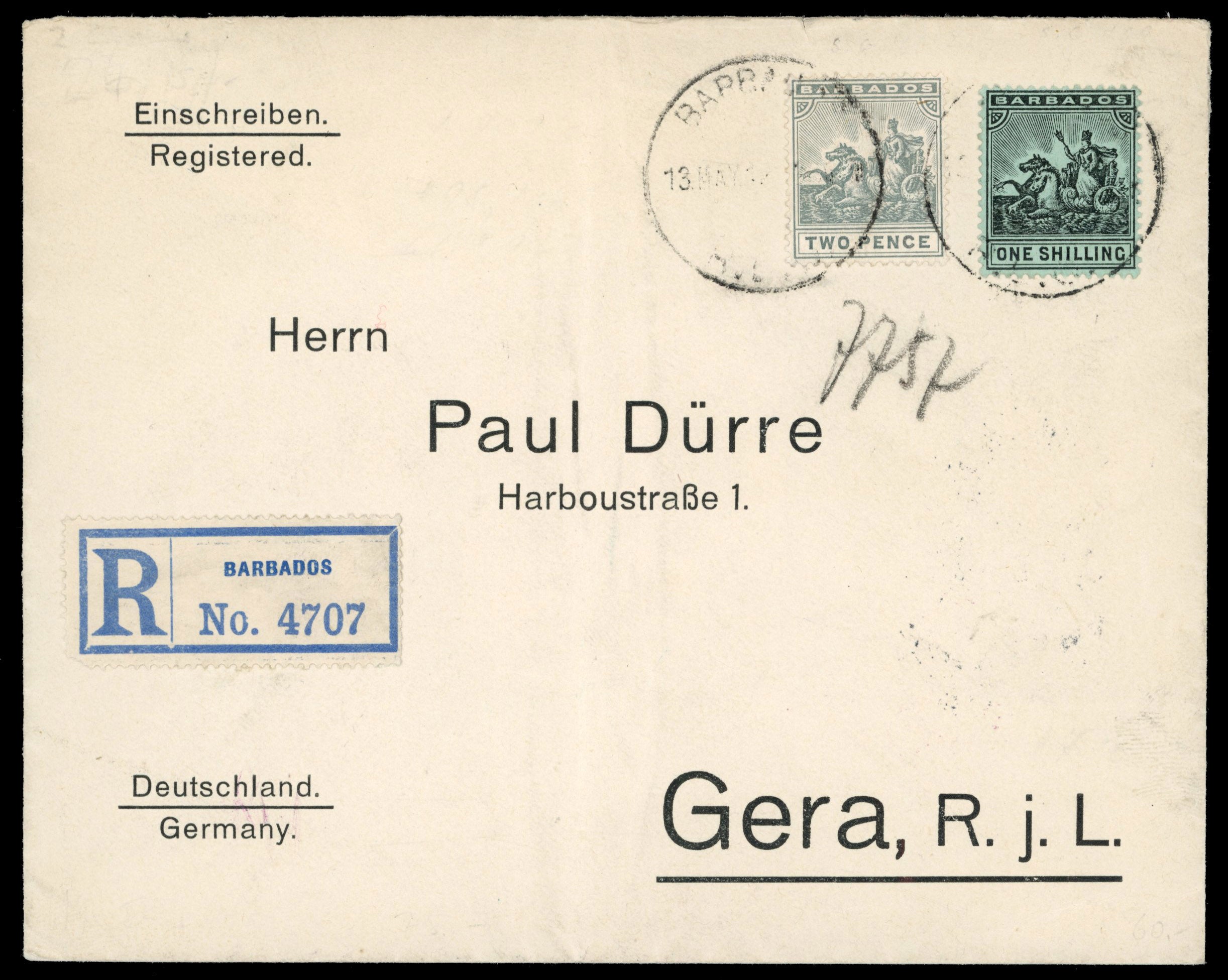 Barbados SG 166, 169 1912 registered cover to Germany with 1909-12 2d, 1s