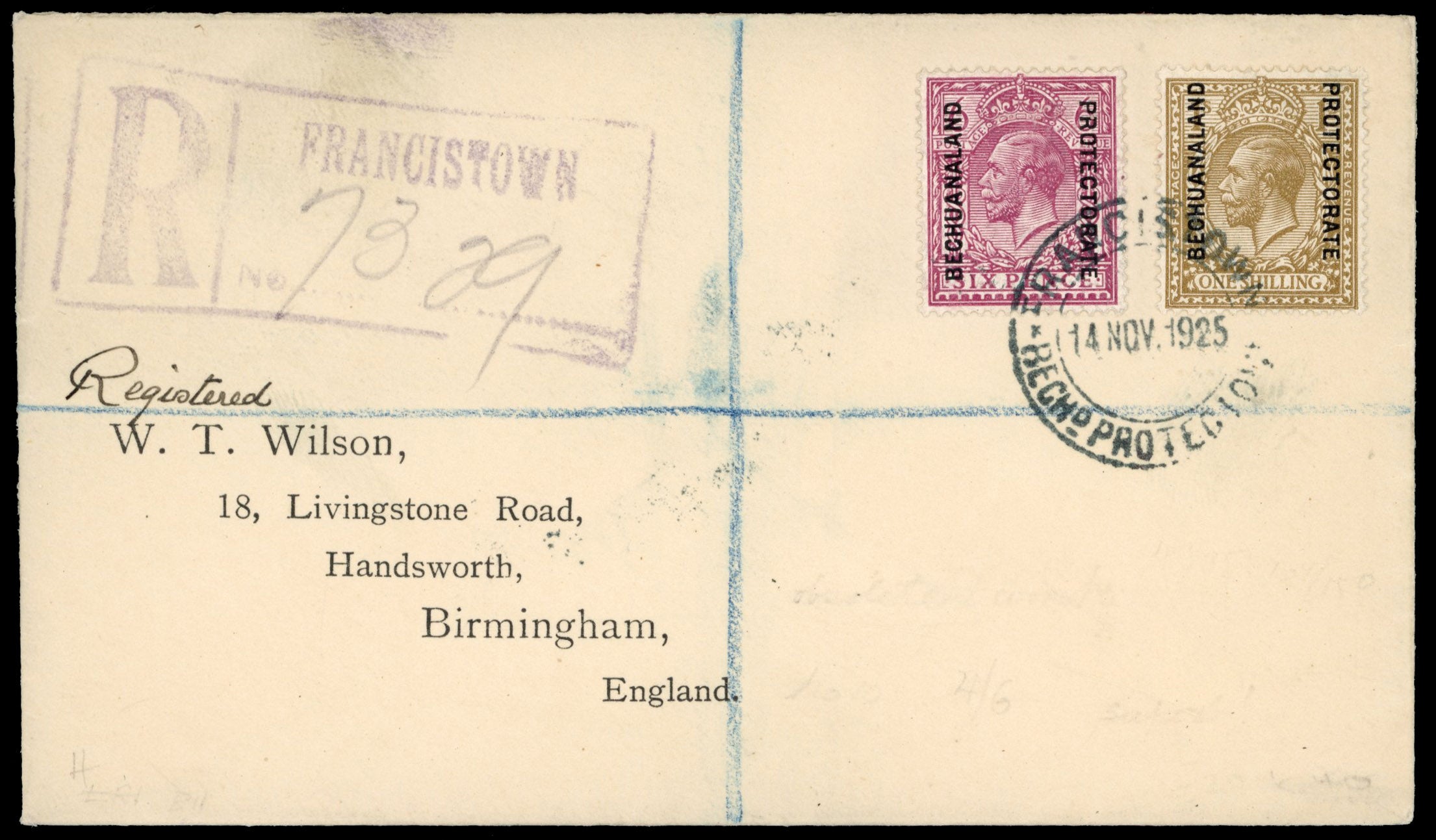 Bechuanaland SG 81, 82 19125 registered cover from Francistown to England with 1913-24 6d, 1s