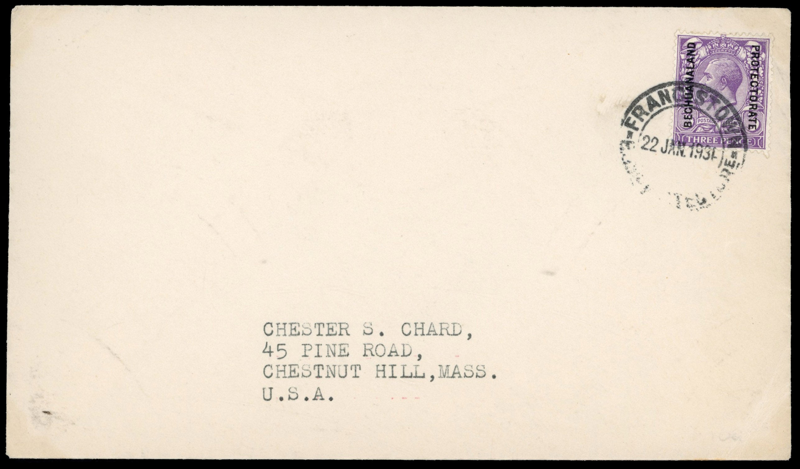 Bechuanaland SG 94 1931 cover from Francistown to USA with 1925-27 3d