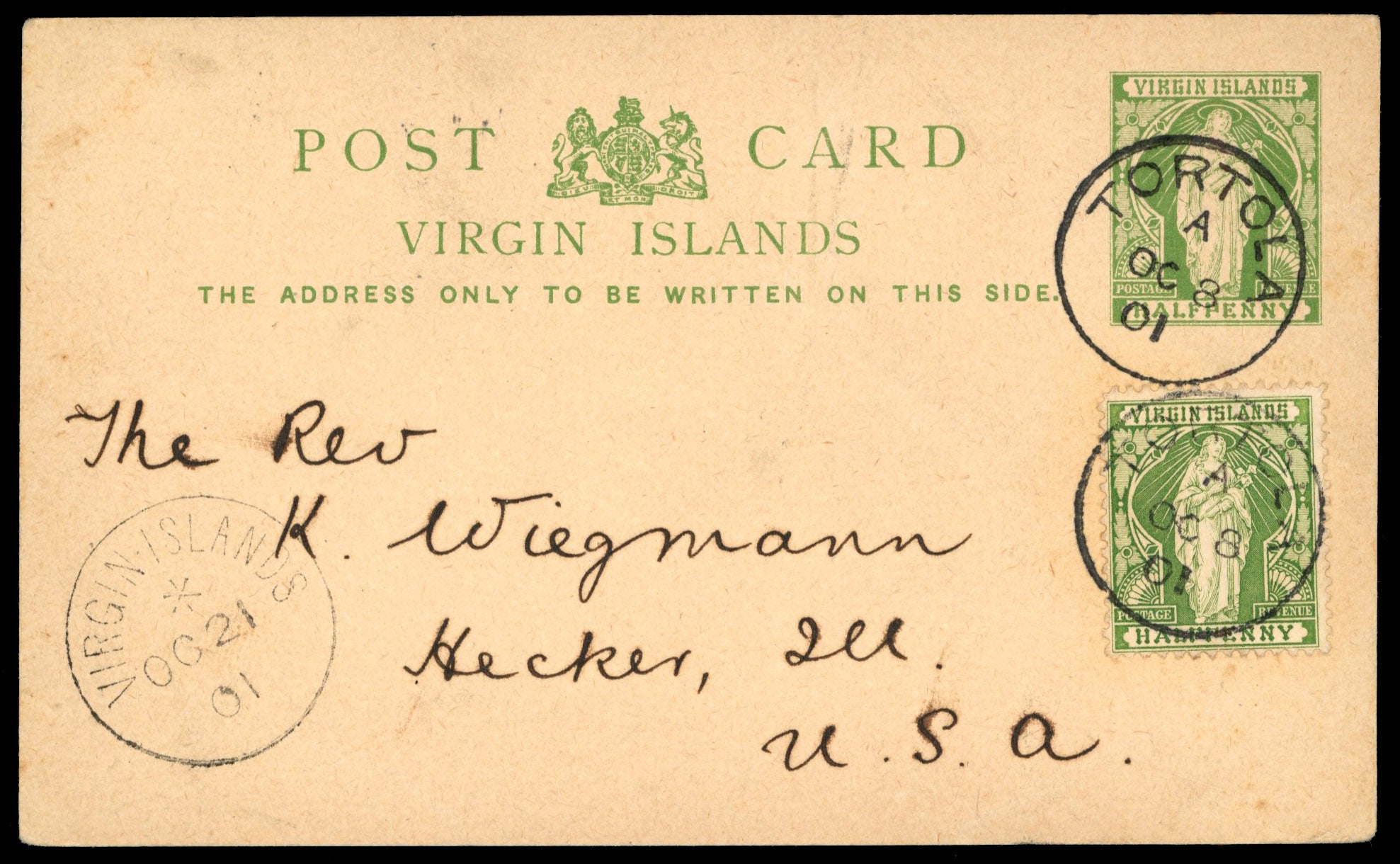 British Virgin Islands SG 43 Cover 1901 ½d green postcard uprated and used to Germany