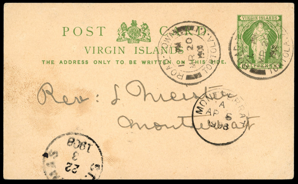 British Virgin Islands Cover 1908 ½d green St Ursula postcard used to Montserrat