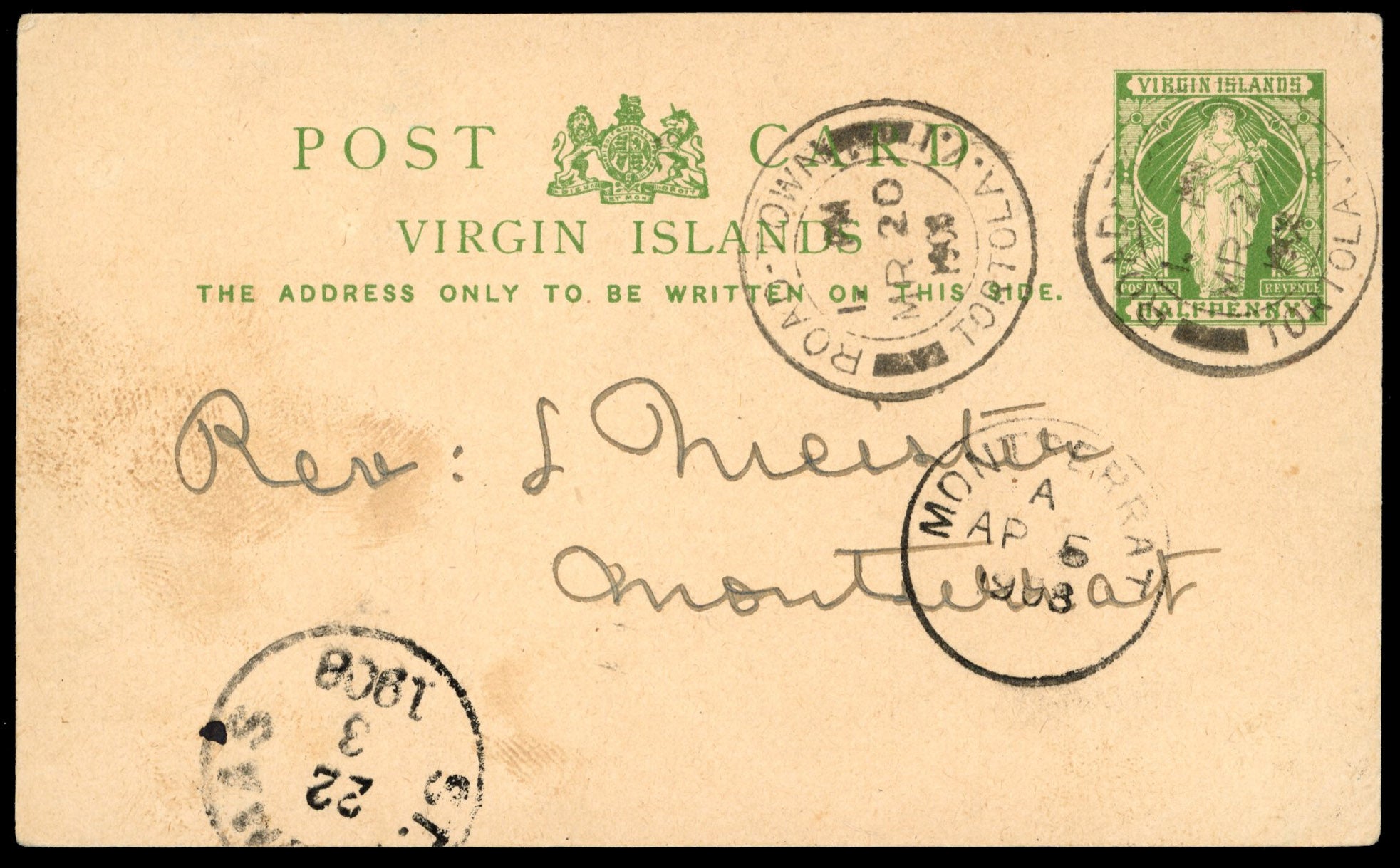 British Virgin Islands Cover 1908 ½d green St Ursula postcard used to Montserrat