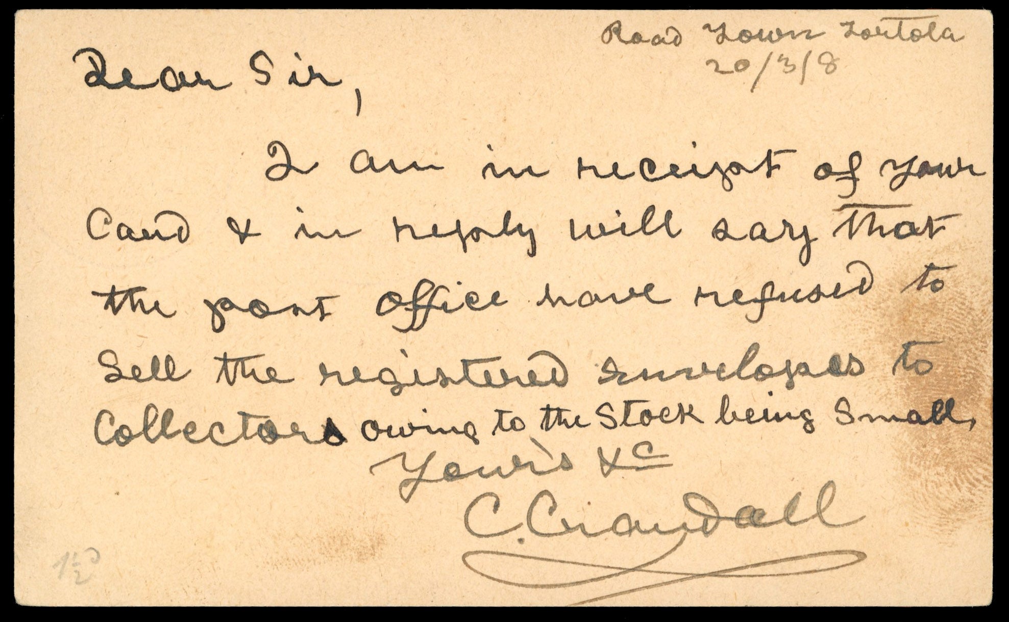 British Virgin Islands Cover 1908 ½d green St Ursula postcard used to Montserrat