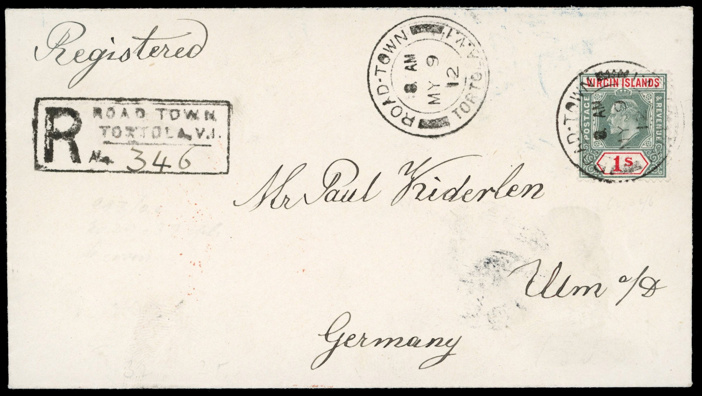 British Virgin Islands SG 60 1912 registered cover from Road Town to Germany