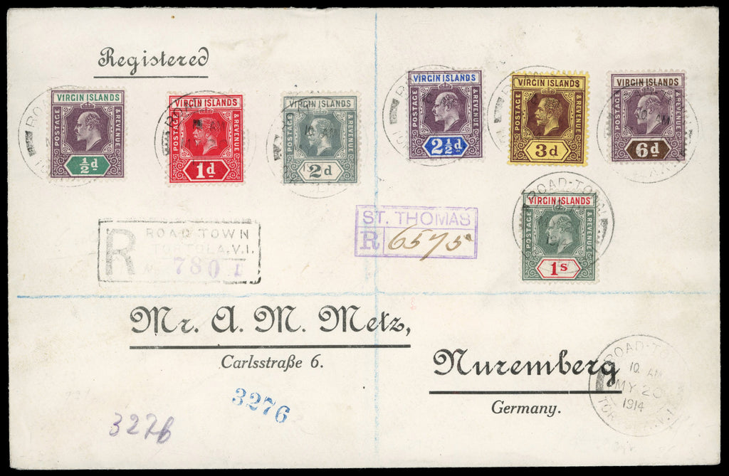 British Virgin Islands SG 54/60 btwn, 70/71, 73 1914 registered cover from Road Town to Germany