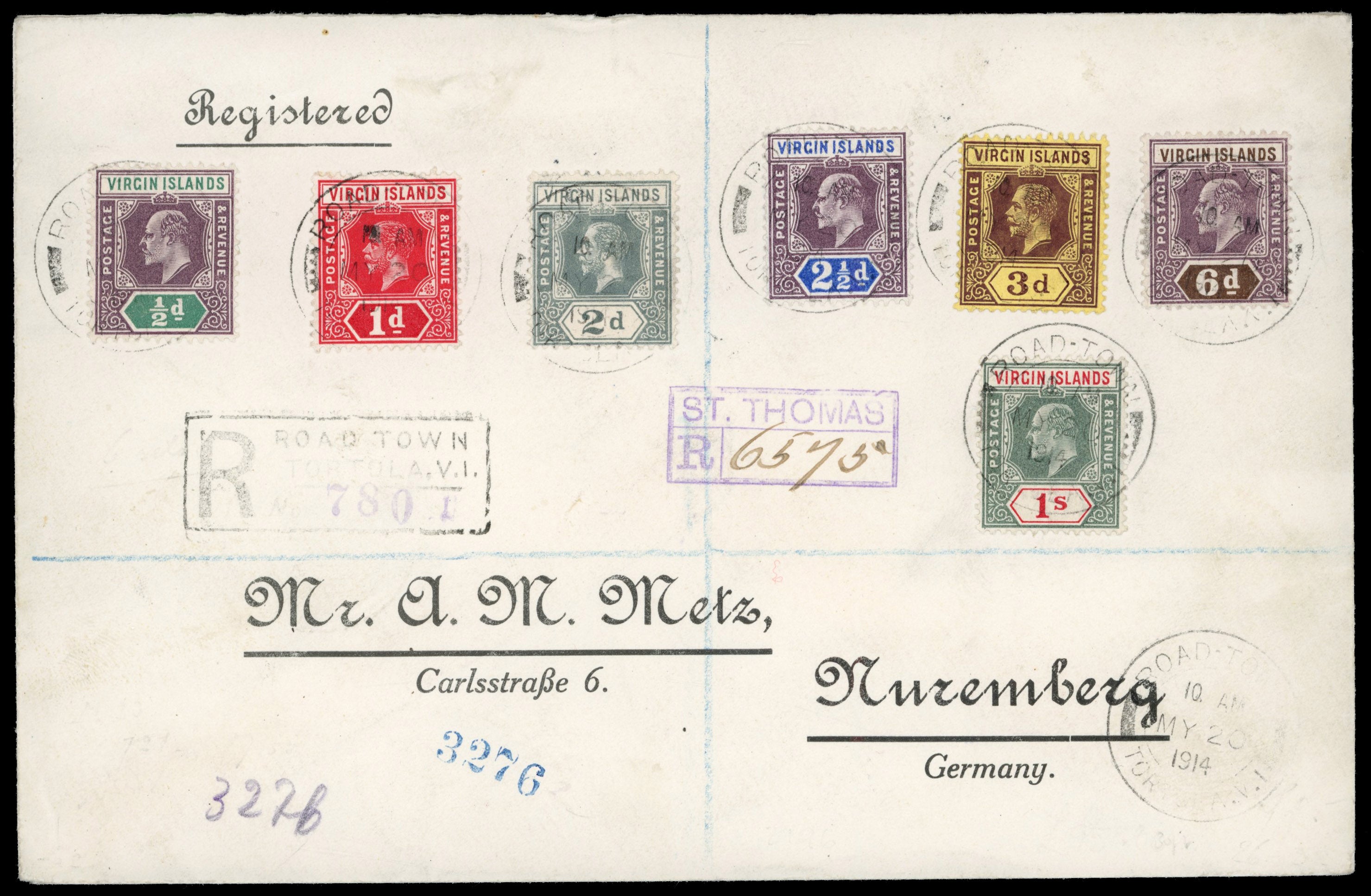 British Virgin Islands SG 54/60 btwn, 70/71, 73 1914 registered cover from Road Town to Germany