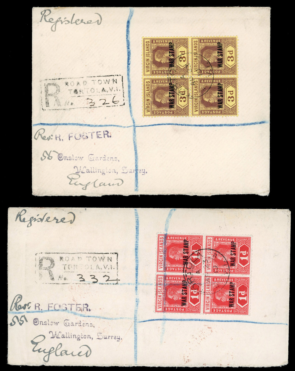 British Virgin Islands SG 78b 1919 registered cover to England with 1916-19 1d War Stamp