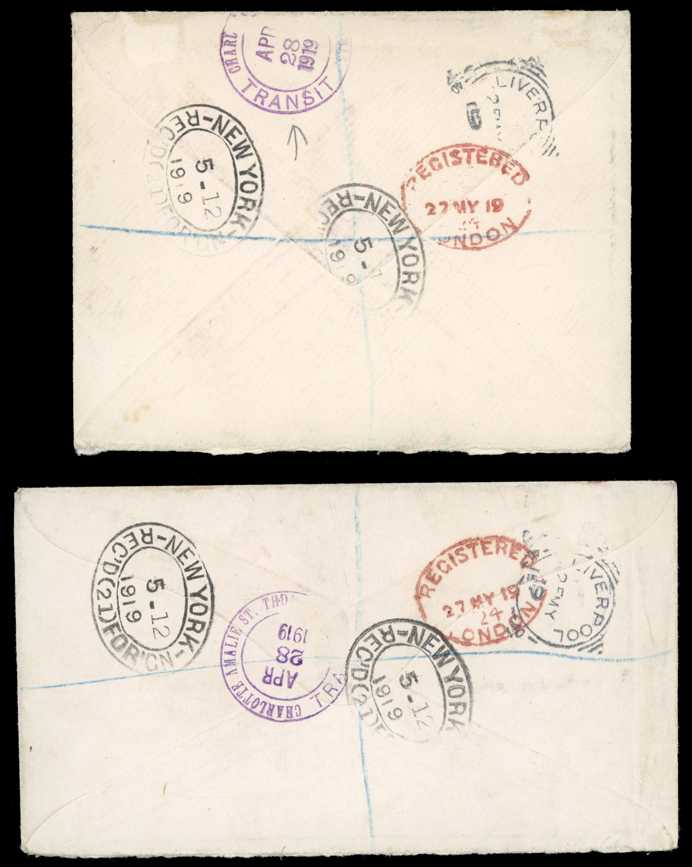 British Virgin Islands SG 78b 1919 registered cover to England with 1916-19 1d War Stamp