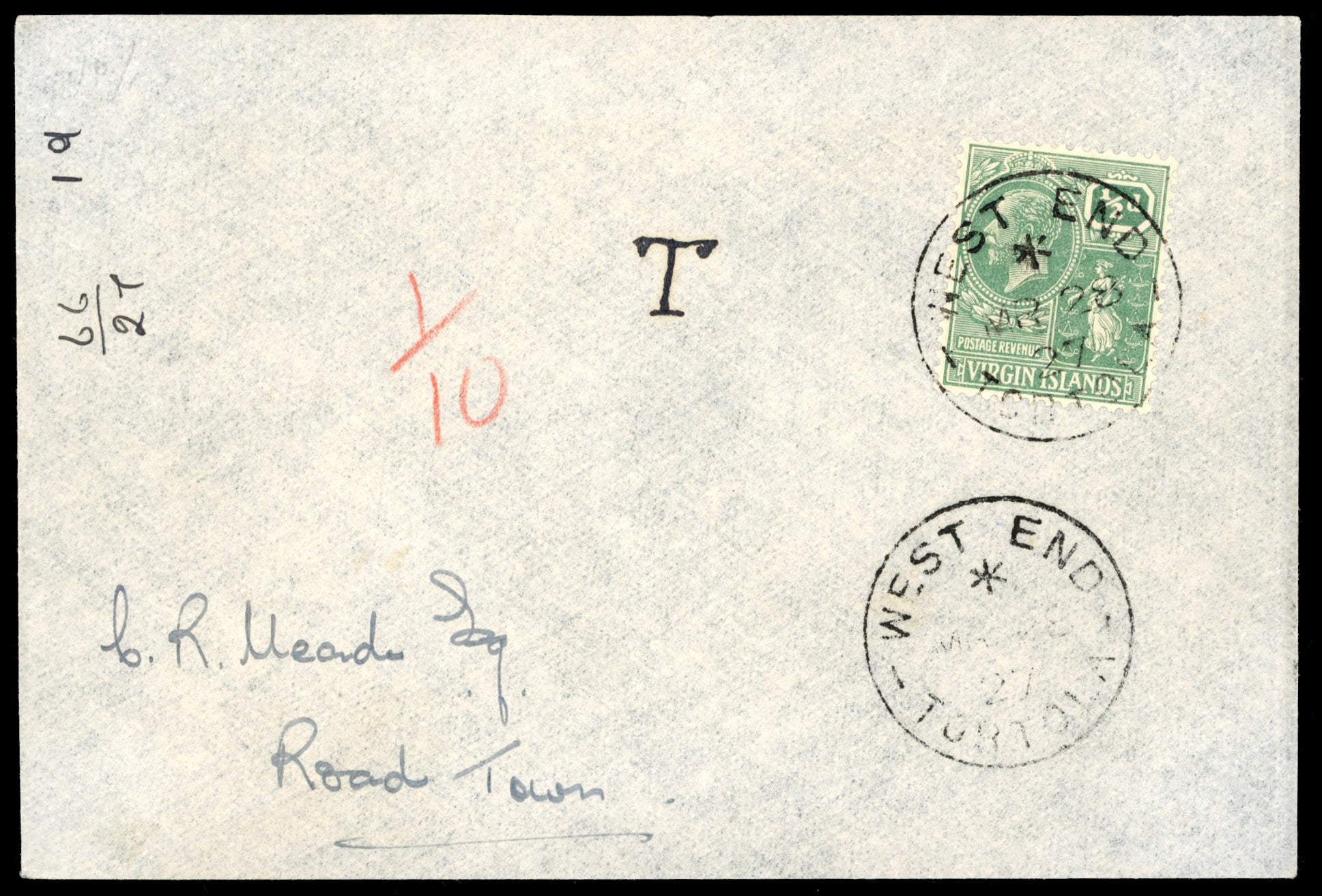 British Virgin Islands SG 86 1927 underfranked cover from West End to Road Town