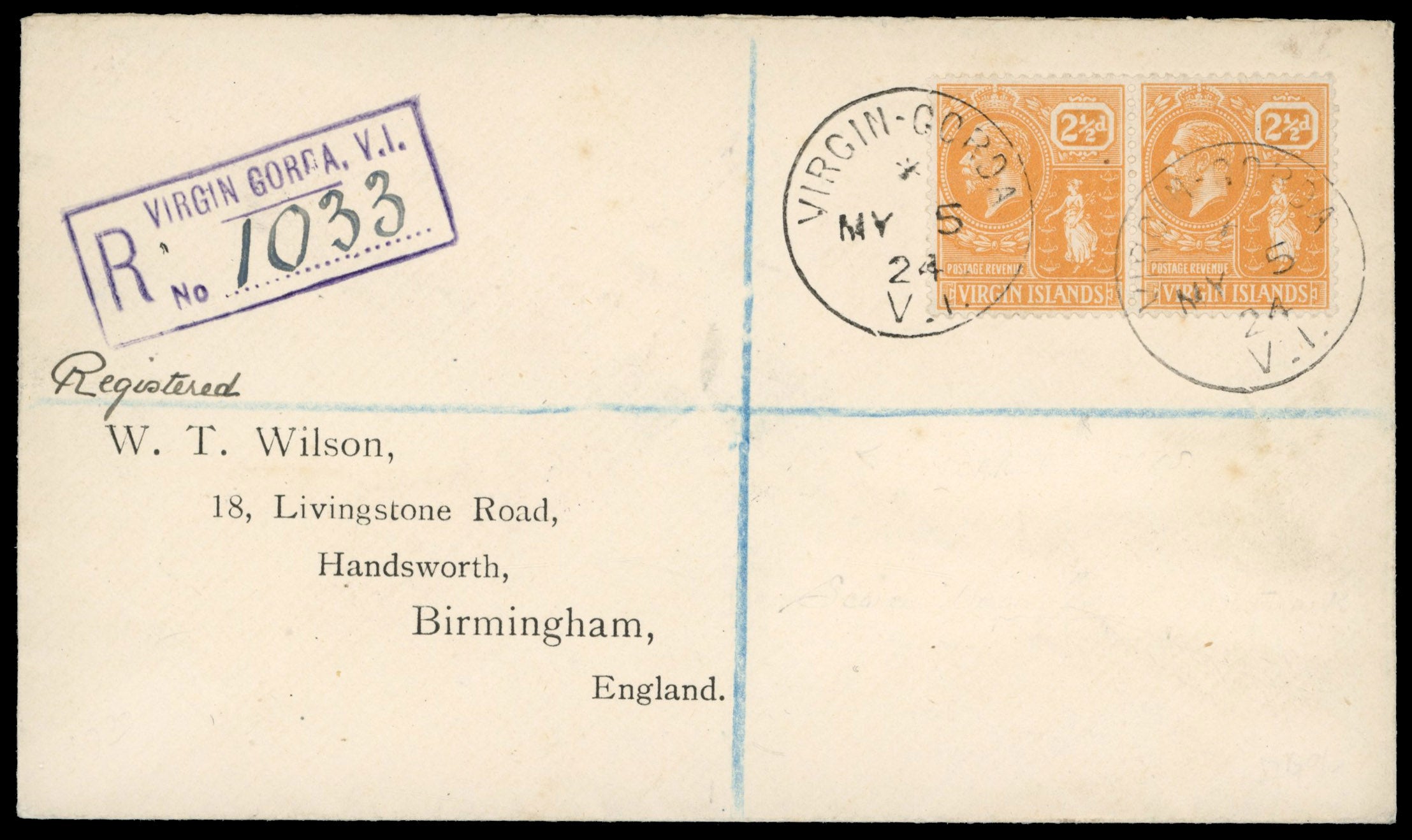 British Virgin Islands SG 94 1924 registered cover from Virgin Gorda to England