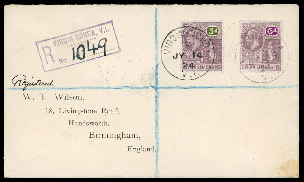 British Virgin Islands SG 97/98 1924 registered cover from Virgin Gorda to England with 1922-28 5d and 6d