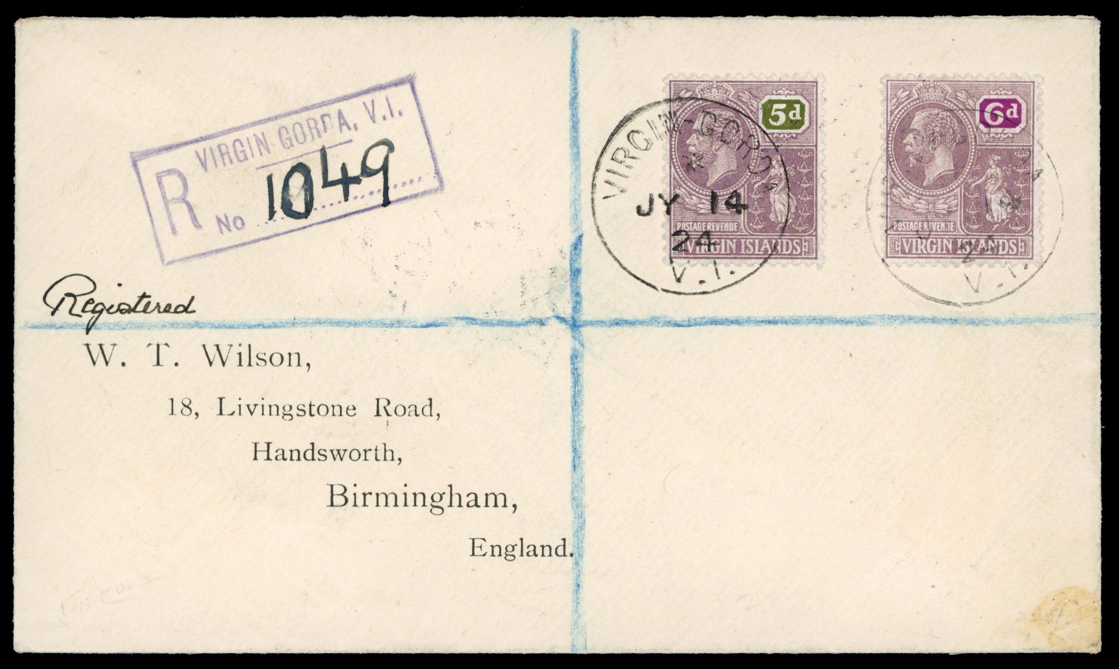 British Virgin Islands SG 97/98 1924 registered cover from Virgin Gorda to England with 1922-28 5d and 6d